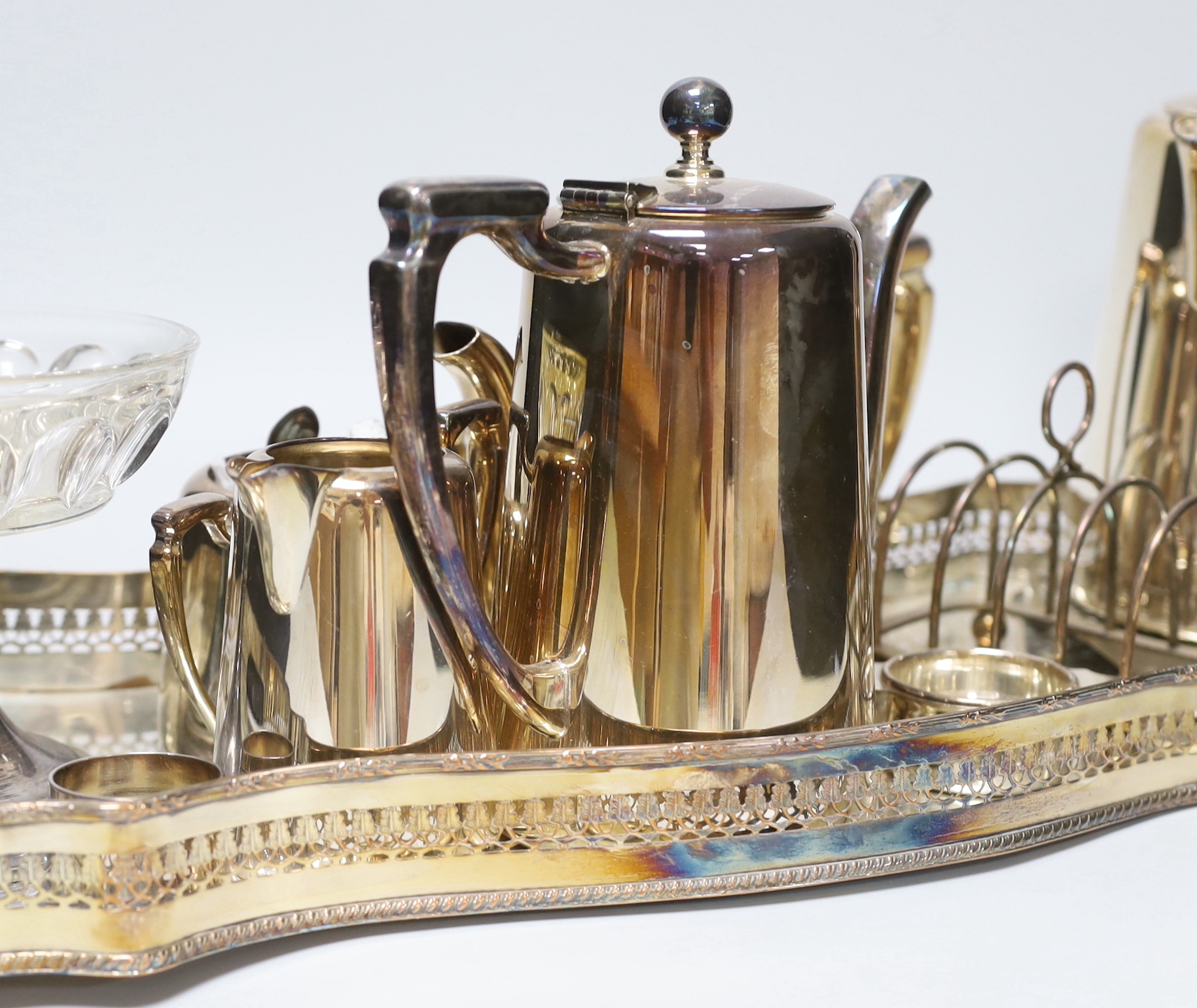 An Ellkington’s sweet meat dish and other plated wares including a an early 20th century tray, 61cm long